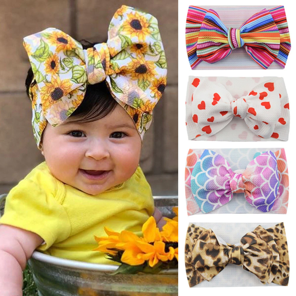 Hot Sell  Boutique 30 Colors Patterns Printed Baby Headband DIY Big Bow Hair Accessories Nylon Turban Floral Headband Baby