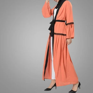 Hot Sell Ethnic Region Women Muslim Dress High Quality Arab Style Open Abaya Fashion Flare Sleeves With Belt Islam Cardigan