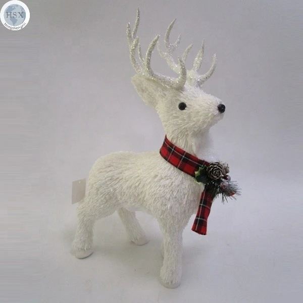 Indoor Natural Handmade Christmas Stage Decoration Craft White Shiny Deer W/Scarf S/2