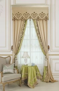 Interior Grandeur Elegant French Suburban Style Blue and Gold Curtain and Valances BF11- 09273b