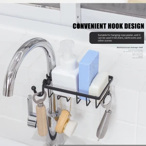 JX- Faucet Sponge Holder Kitchen Sink or Shower Caddy Basket with Hook Cleaning Brush Soap Dishwashing Liquid Drain Rack - black