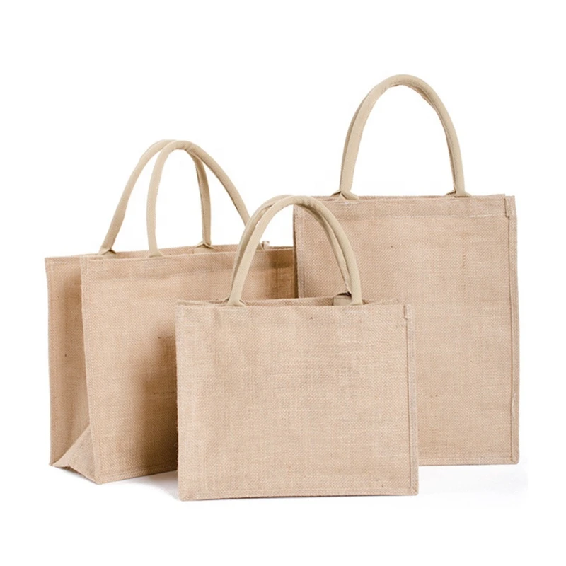 KAIFEI Durable Nature Jute Tote Bag Burlap Bag with round handle off-the-shelf product