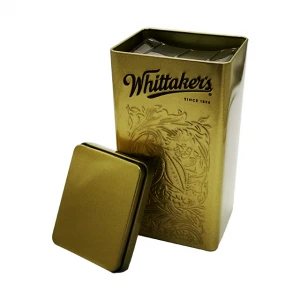 large chocolate rectangle metal jar with plastic uptake inside custom logo cans embossed gold candy tin box