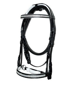 Leather Dressage Bridle Black With White Chain and Matching padding in all Items