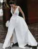 Long Back Beach Pocket Maxi Ready Made Deep Pluning Plain Satin Simple Sexy High Slit Wedding Dress