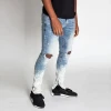Mens jeans 2021 skinny fitting whiskering bleach wash stretch denim jeans with distressing knee and zipper ankle