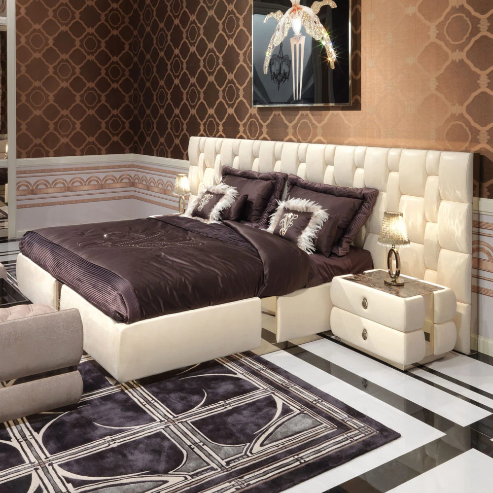 Modern design king size beige genuine leather bed