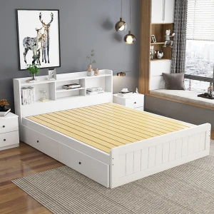 Modern Design Solid Wood Bed modern simple Furniture Children Double Beds with Storage Drawer