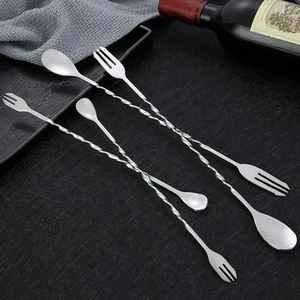 new 2019 trending product cocktail shaker spoon barware stir spoon stainless steel mixing spoon with fork