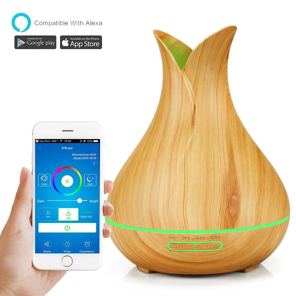 New Technology Flower Vase Wood Grain Compatible with Alexa/Google Home Wifi Difusor de Aromas Diffuser Essential Oil Humidifier
