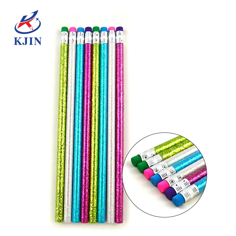 OEM Available Nice Quality Colorful Shinning Glitter HB Pencil With Eraser Top
