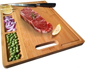 Organic Bamboo Cutting Board Kitchen Medium Reversible Solid Thick Meat Chopping Board Handle Serving Tray with Juice Grooves