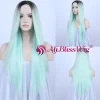 Overnight Delivery Synthetic Hair Long Straight Two Tone Ombre Light Green Machine Made Full Wig 100% Modacrylic Fiber