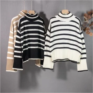 Oversized Knitted Pullover Women Long Sleeve Khaki Loose Casual Fashion Striped Turtleneck Sweaters