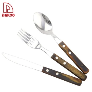 PAKKA Wood Handle Mirror Polishing 3Pcs Knives Fork and Spoon Tableware