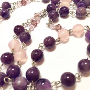 Purple Crystal Beads Jewelry Pink Crystal Beads Handmade Necklace Cross Silver Plated Rosary