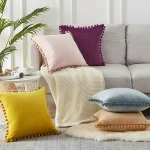 Shinnwa luxury hotel bed pure color velvet cushion cover with pom pom
