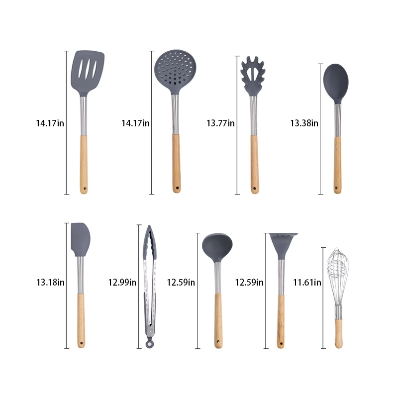 Silicone Cooking Utensils Kitchen Utensil Set 9 Pieces Natural Wooden Handle Cooking Tools Turner Tongs Spatula Spoon