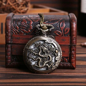 Skeleton Pocket Watch Sweater Necklace Chain Bronze large fine chain shell hollow relief fire dragon pocket watch wholesale