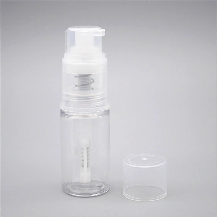 Small clear 0.5oz baby talcum powder bottle with spray pump for shimmer