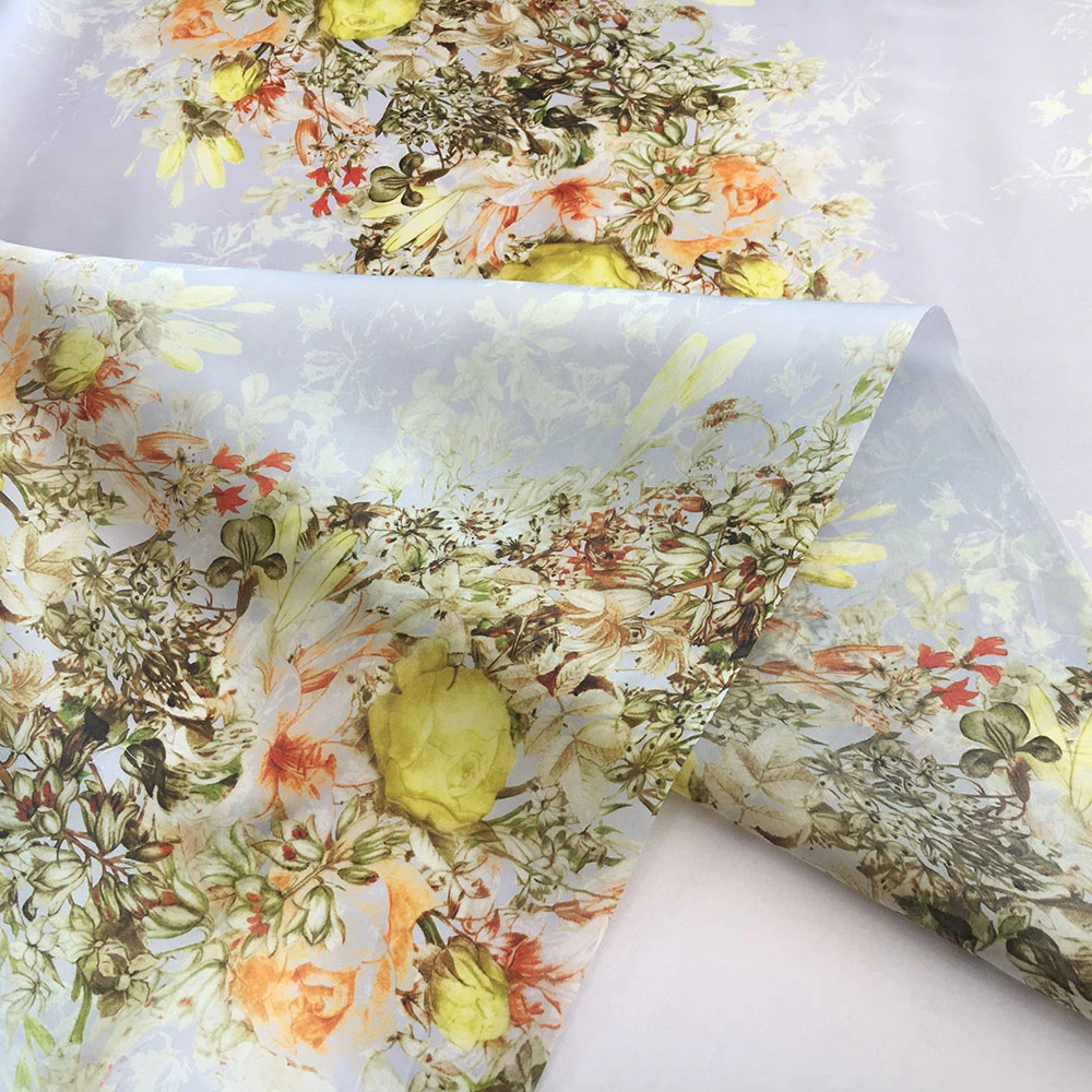 Smooth Beautiful Pure Silk Organza Satin Fabric Digital Printing Floral 100% Silk 14mm 54" for Wedding Dress Gow Decoration