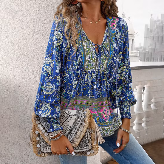 2025 European and American Womens Blouse Temperament V-Neck Long Sleeved Top