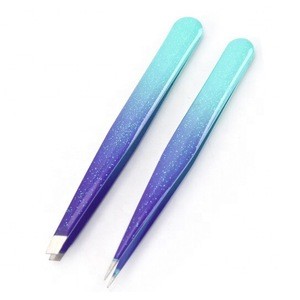 Stainless Steel and Epoxy Pink&amp; Purple Personal Care Tool Slanted Pointed False Lash Extension Eyebrow Hair Removal Tweezers Set