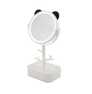 Tabletop Cute Cat Shaped Pink Mirror Circular Girl Makeup Mirror With Earring Holder makeup organizer with mirror