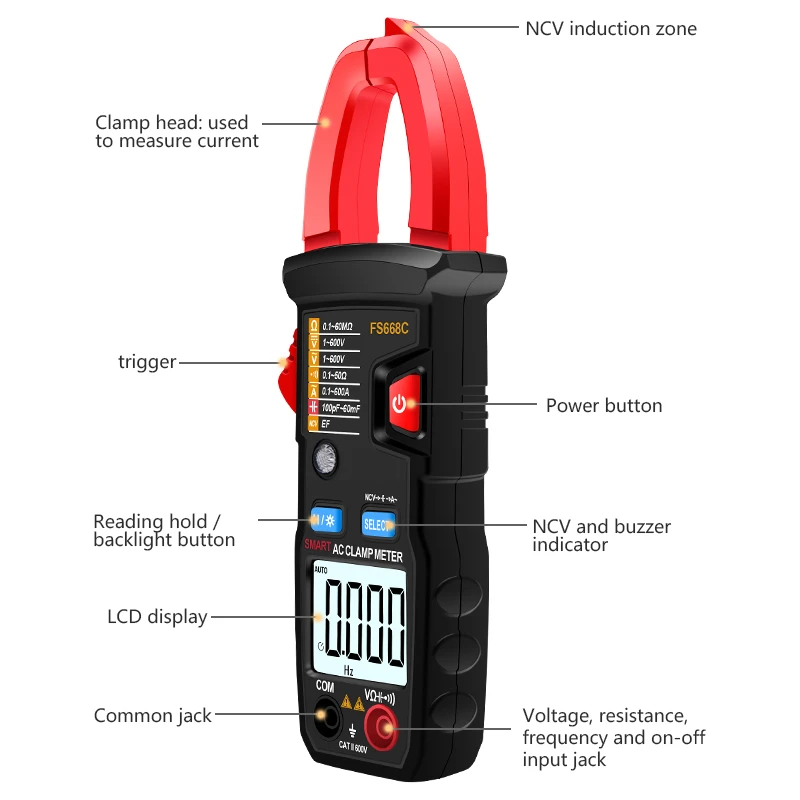 True RMS 6000 Counts NCV with AC Current AC/DC Voltage Clamp Meter Measure Resistance Capacitance Frequency