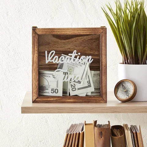 Vacation Fund Travel Savings Piggy Bank for Adults, Kids, Adventure Wooden Memory Money Storage Box