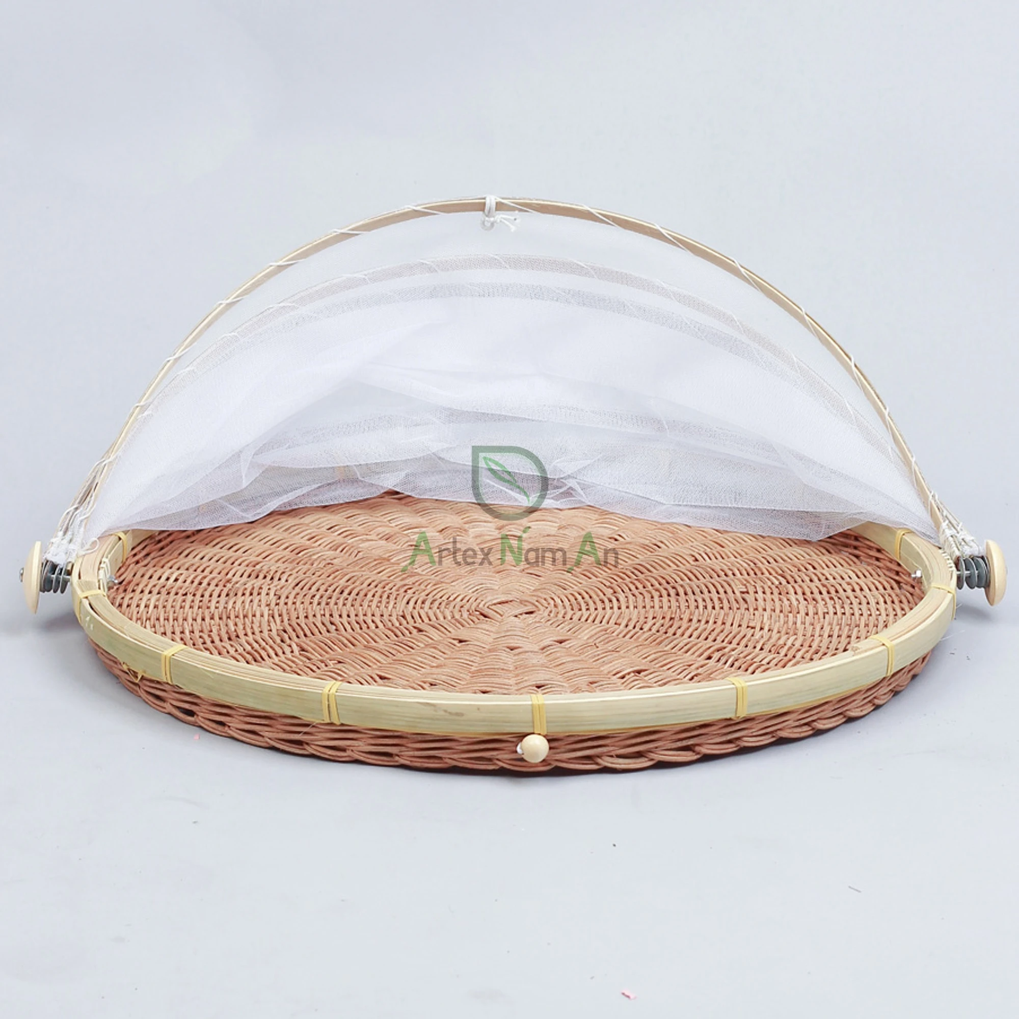 Vietnam wholesale natural woven bamboo food serving tent basket with net cover, round handmade picnic basket with mesh cover