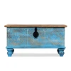Vintage Blue Carved Wooden Storage Trunk White Brown Distressed Lid Top Hand Carved Indian Handicraft Furniture