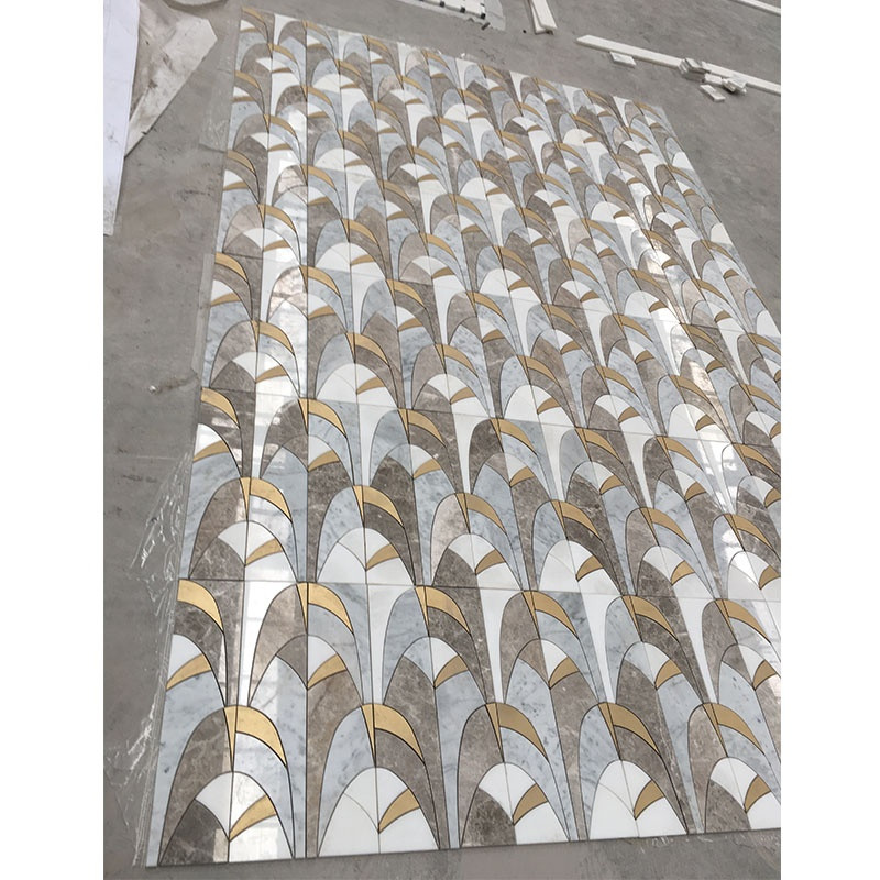 Buy Water Jet Mosaic Tile Gold Metal Brass Inlay Grey White Marble Wall ...