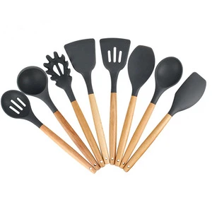 wholesale 8piece food grade non-stick heat-resistant bamboo wooden silicone kitchen utensil cooking set