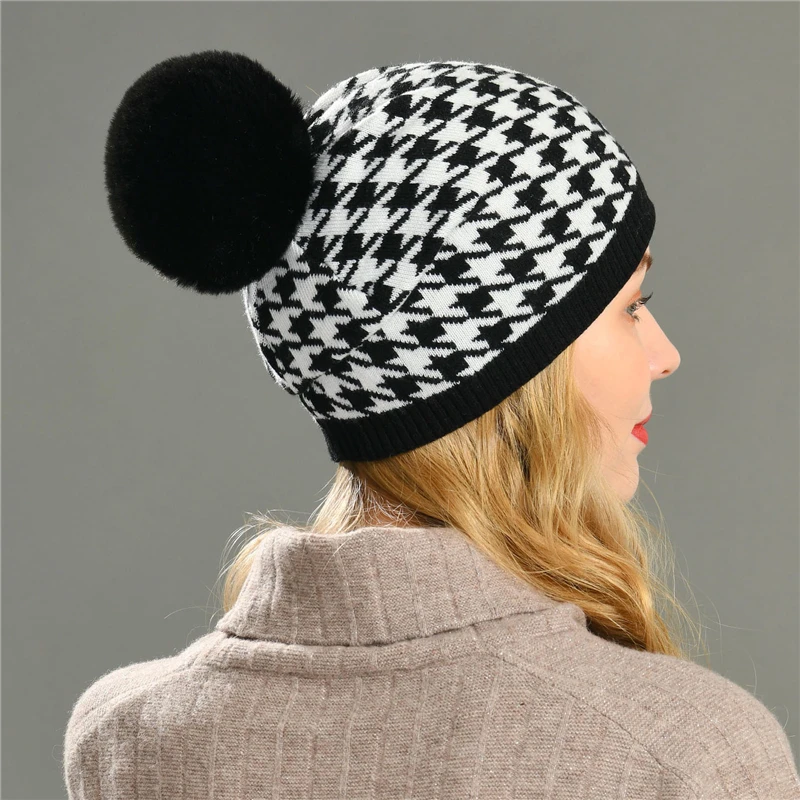 Winter 2021 Beanies Women Houndstooth Hat Faux Rabbit Fur Pompom Wool Knitted Hats Winter Beanies