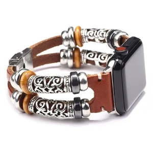 Women men alloy silver charms apple watch genuine leather wristband bracelet watch bands as gift