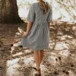 Women Striped Dress 2021 Summer Round Neck Half Sleeve Pockets Baggy Dress Csaual Loose Beach Sundress Female Vestido Robe