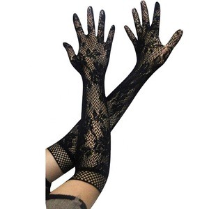 Women&#39;s Long Floral Lace Wedding Gloves Evening Elbow Length Bridal Fishnet Finger Gloves