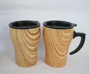 wood grain double wall stainless steel coffee mug/travel mug with handle