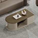 Wooden Oval-shape Coffee Table with Open Storage Shelf