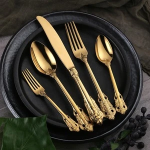 WORTHBUY 18/8 gold plated luxurious flatware set reusable restaurant silverware set golden stainless steel cutlery set