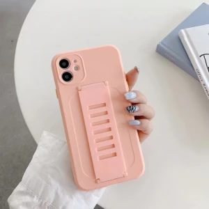 Wristband With Holder Silicone Case For Apple iPhone 11 12 Pro Max Mobile Phone Bags$Case  Back Candy Colors Stand TPU Case