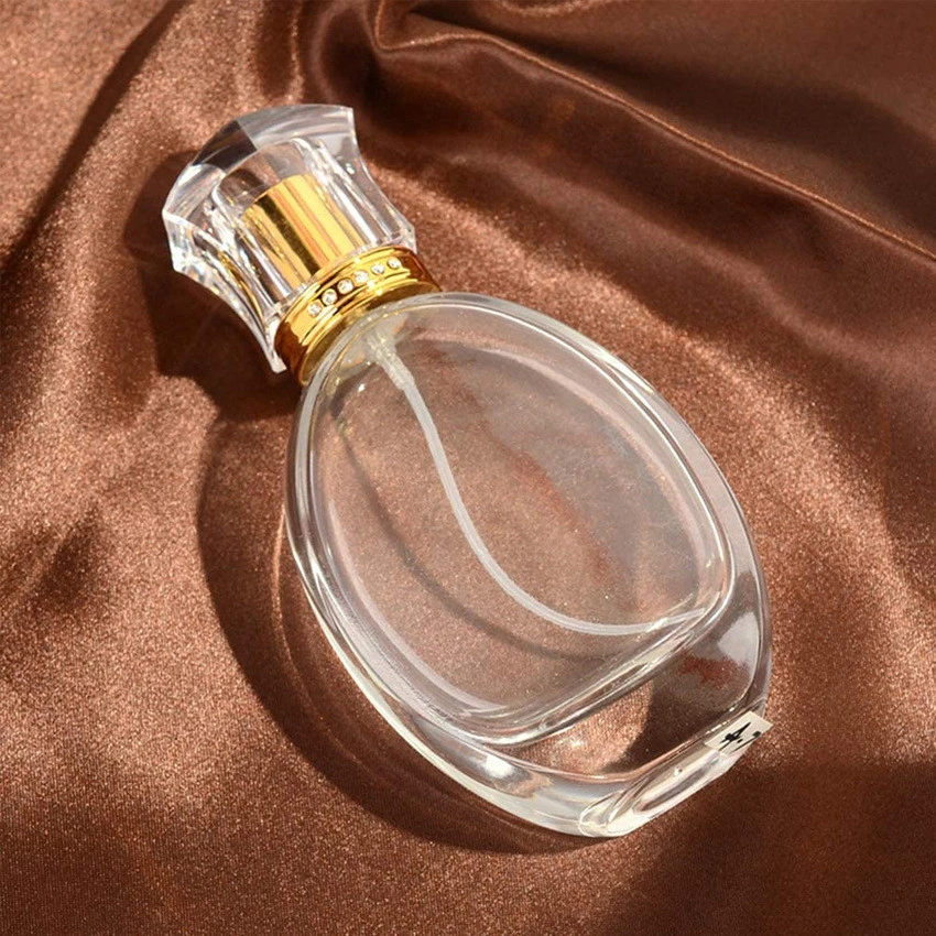 Xuzhou classical empty Clear refillable Perfume Bottle flat round 50ml 100ml Spray Glass Bottles with crimp neck