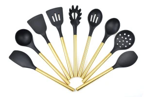 Yangjiang 9 Pcs Multifunctional Colored Black Nylon Silicone Home Use Bakeware Cooking Utensil Set With Golden Copper Handle