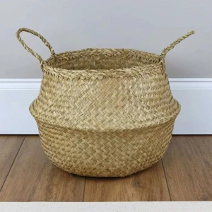 Handwoven Vintage Fashion Seagrass Belly Basket Portable Zip Closure Cotton Lining Two Straps Beautifully Flowers Lette