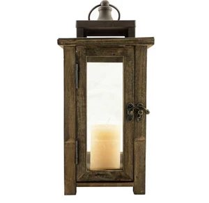 12.5 Inch Rustic Wooden Candle Hurricane Lantern, For Table Top, Mantle, or Wall Hanging Display, Indoor & Outdoor Use, Large
