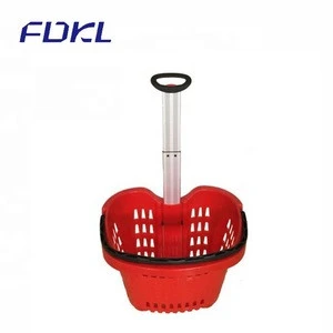 2020 Cheap supermarket plastic hand rolling shopping basket with wheels for sale