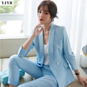 2020 spring and autumn new pattern sky blue Womens suit Green fruit collar Show thin The woman suit little chap ol Suit girl