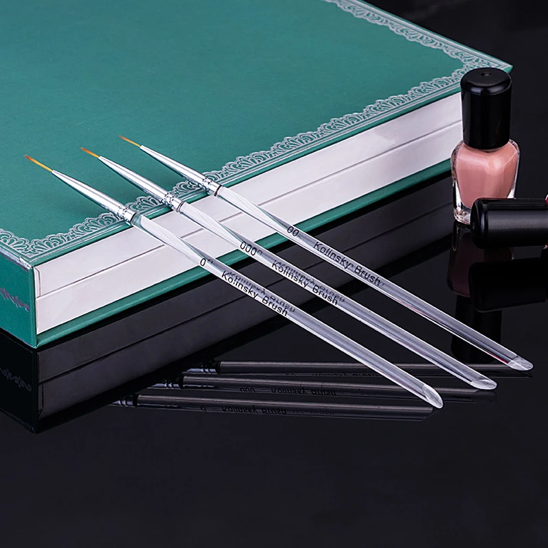 3Pcs/set Kolinsky Nail Art Brush Crystal Acrylic Thin Liner Drawing Pen Painting Stripes Flower 2 side Nail Art Manicure Tools