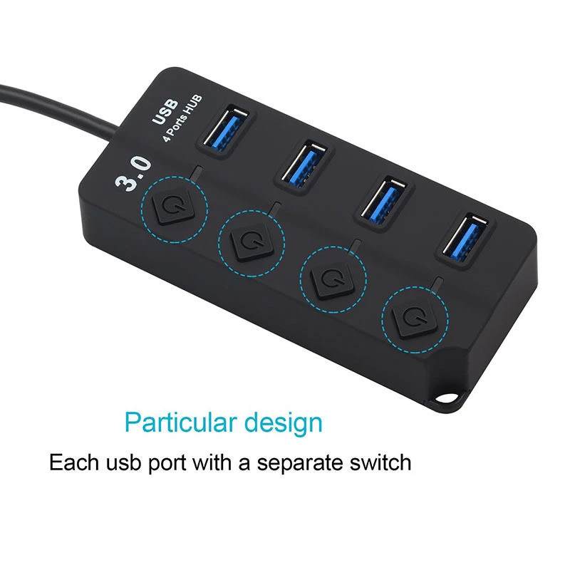 Amazon Hot Individual Power Switch Data Hub Splitter 4 Port USB Hub 3.0 with Power Adapter
